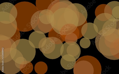 Multicolored translucent circles on a dark background. Orange tones. 3D illustration