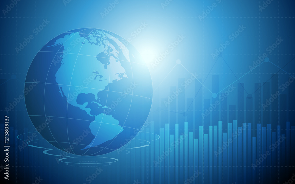 abstract financial bar chart in stock market and wireframe globe on blue color background abstract financial bar chart in stock market and wireframe globe on blue color background