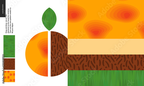 Food patterns, summer - fruit, apricot texture, half of apricot image on side - four seamless patterns of apricot sweet firm pulp, yellow orange smooth rind, seed of grainy smooth texture, green leaf