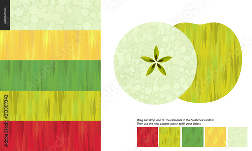 Food patterns, flat vector illustration - apple texture, half of green apple image on side, five seamless patterns of apple red, light green, dark green and yellow rind, white greenish pulp with seeds