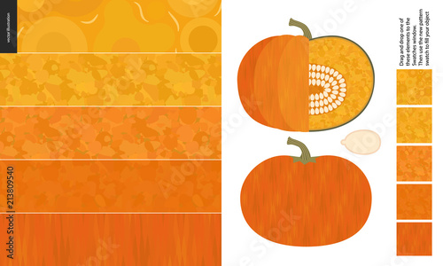 Food patterns, vegetable, flat vector illustration - pumpkin texture - small cut pumpkin, seed image and five seamless patterns of uneven pumpkin fresh pulp and dark orange geometrical rind