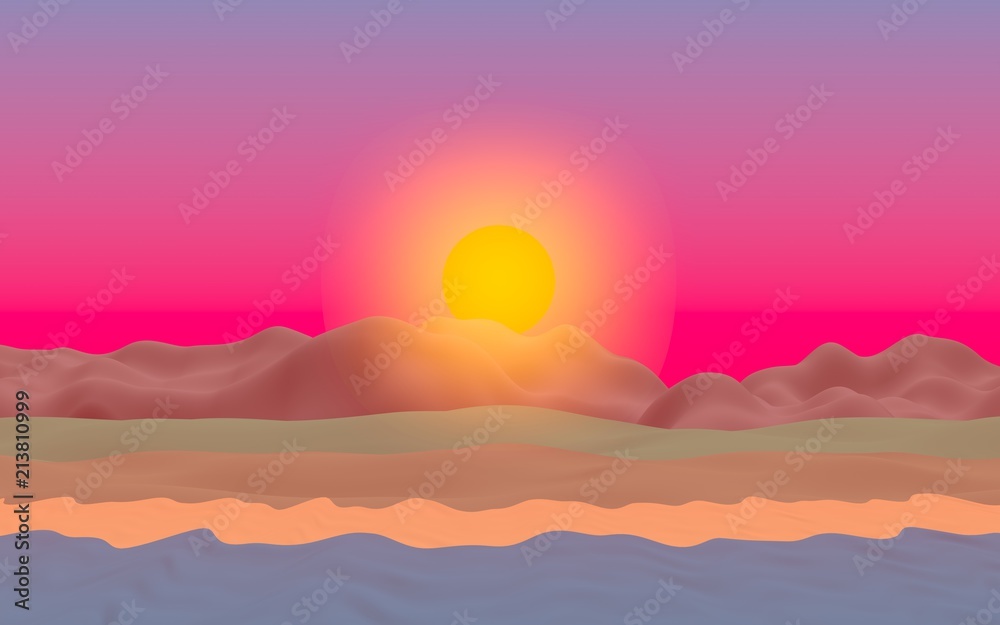Sun Sea Beach. Sunset. Ocean shore line with waves on a beach. Island beach paradise with waves. Vacation, summer, relaxation. Seascape, seashore. Minimalist landscape, primitivism. 3D illustration Sun Sea Beach. Sunset. Ocean shore line with waves on a beach. Island beach paradise with waves. Vacation, summer, relaxation. Seascape, seashore. Minimalist landscape, primitivism. 3D illustration