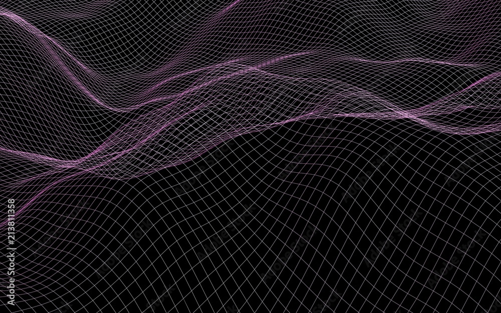 Abstract landscape on a dark background. Cyberspace purple grid. Hi-tech network. 3D illustration