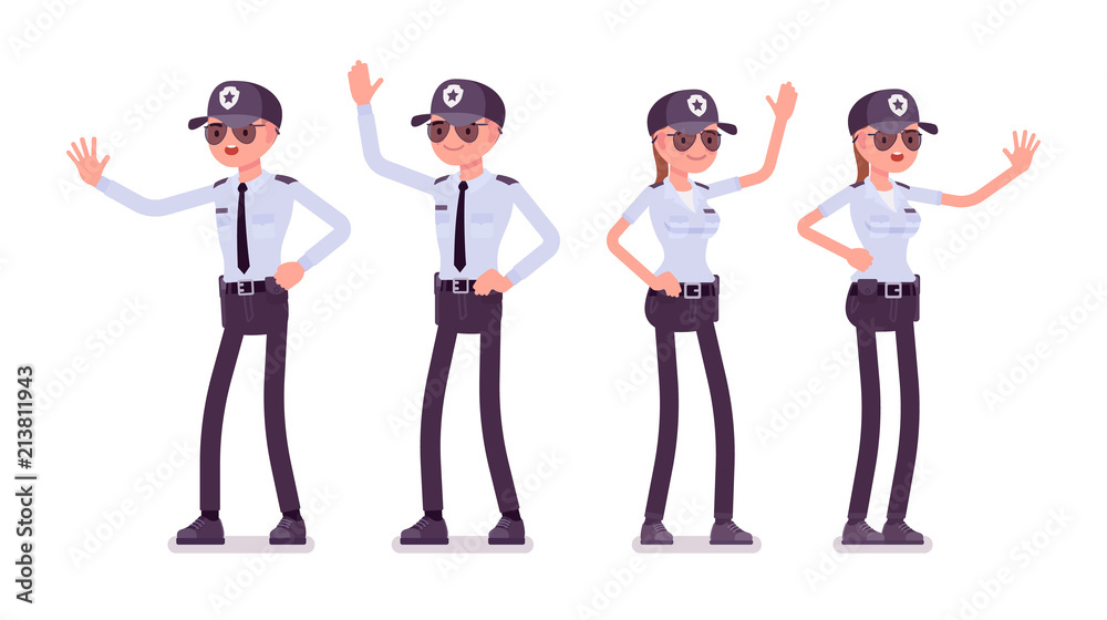 Male and female security guard hand gesturing Male and female security guard hand gesturing