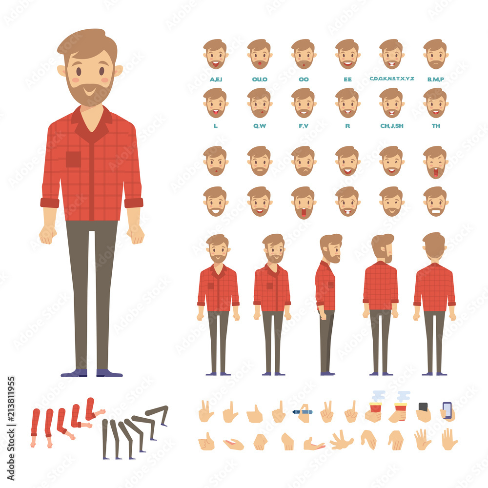 Front, side, back view animated character,separate parts of body. Young boy  constructor with various views, hairstyles, poses and gestures. Cartoon  style, flat vector illustration. Stock Vector | Adobe Stock