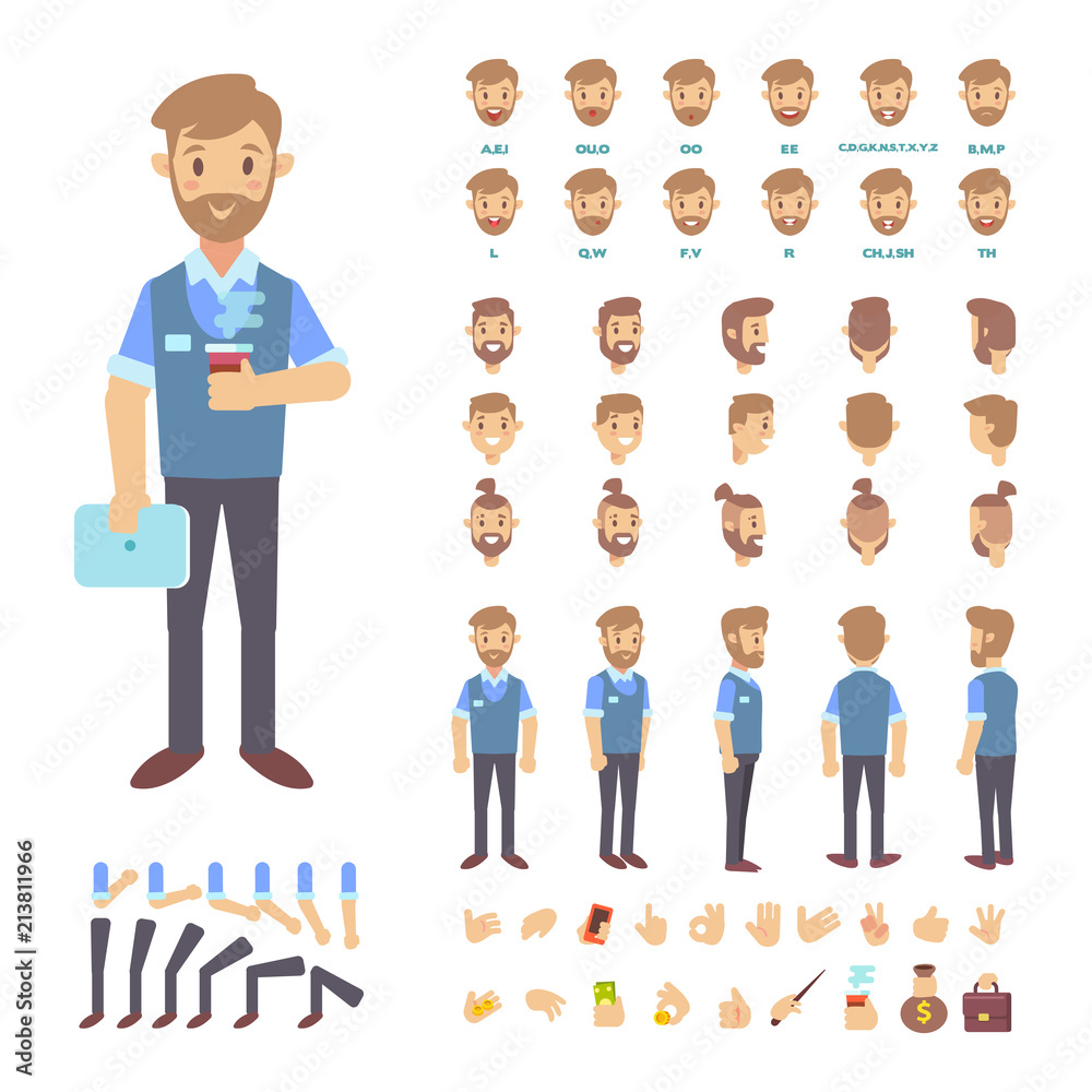 Front, side, back view animated male character. Manager male creation set with various views, face emotions, poses and gestures. Cartoon flat vector illustration. Front, side, back view animated male character. Manager male creation set with various views, face emotions, poses and gestures. Cartoon flat vector illustration.