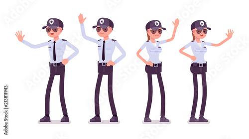 Male and female security guard hand gesturing