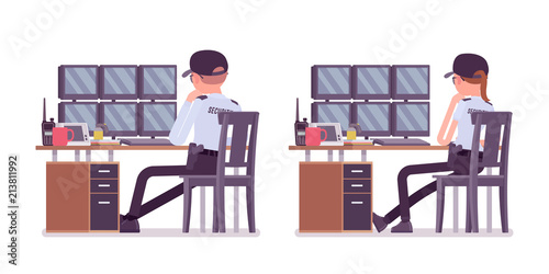 Male and female security guard monitoring alarm systems