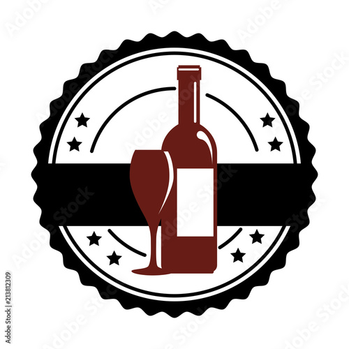 wine bottle and cup seal stamp vector illustration design