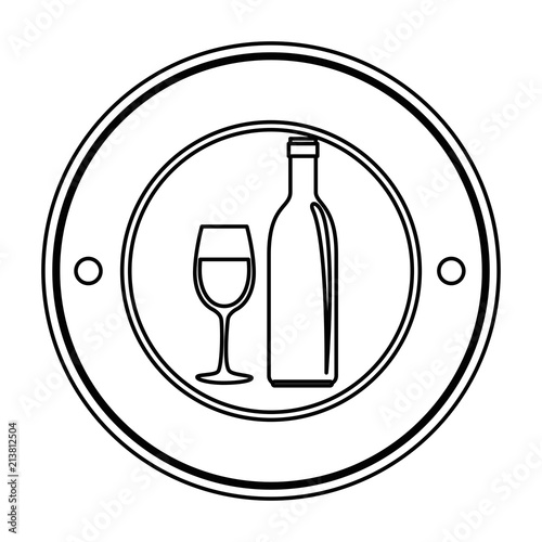 wine bottle and cup seal stamp vector illustration design