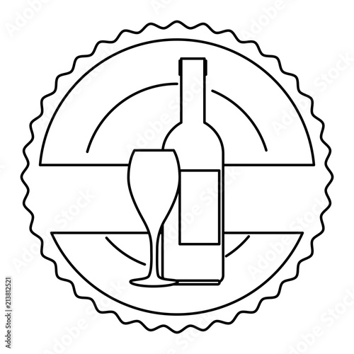 wine bottle and cup seal stamp vector illustration design