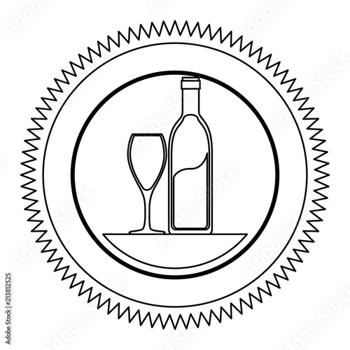 wine bottle and cup seal stamp vector illustration design