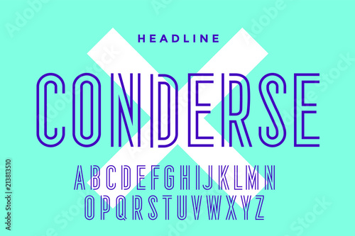 Line condensed alphabet and font. Condensed thin uppercase outline letters. Type, typography letter line font. Hand-drawn modern narrow sans serif line font for headline. Vector Illustration