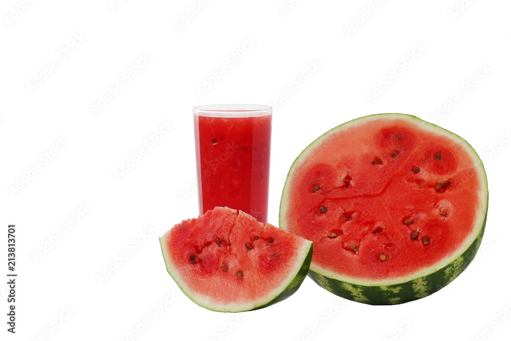 watermelon smoothie isolated with half of watermelon and piece watermelon smoothie isolated with half of watermelon and piece