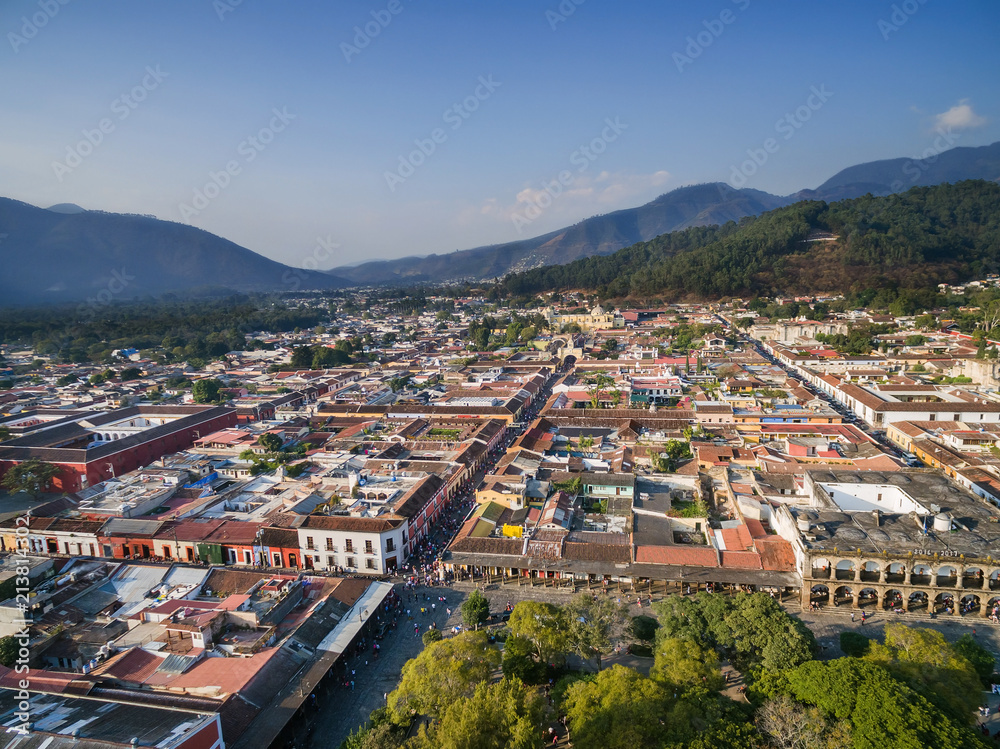 An aerial view of the historical town of Antigua Guatemala, Guatemala