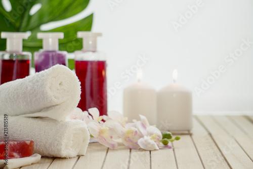 Composition of spa treatment on table  on white background