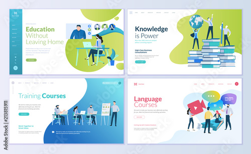 Set of web page design templates for distance education, consulting, training, language courses. Modern vector illustration concepts for website and mobile website development. 