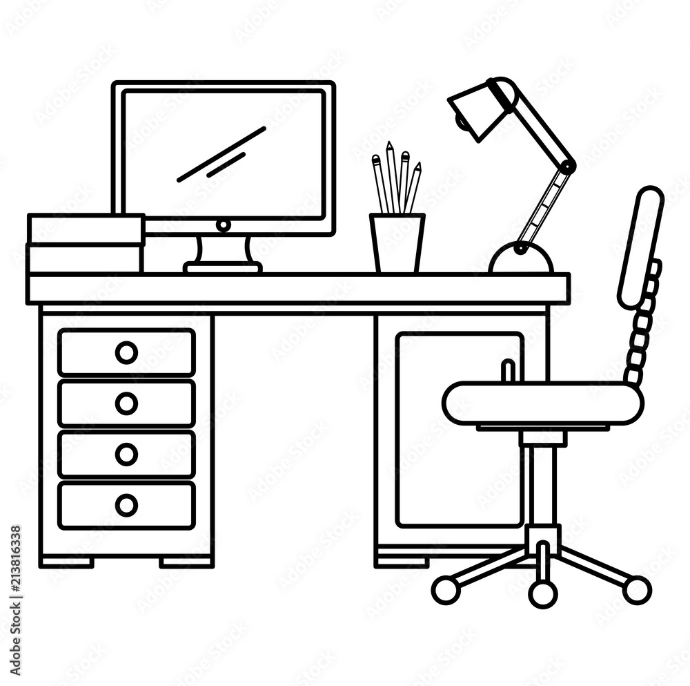 office workplace with desk and desktop scene vector illustration design
