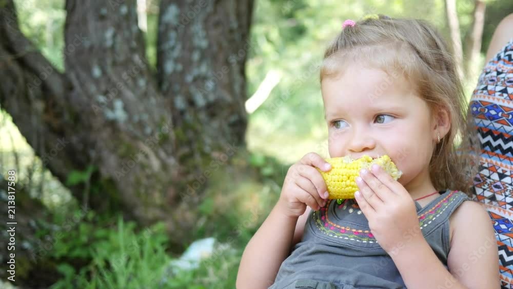 Little kid girl on family nature picnic eating bite a yellow boiled cooked corn Little kid girl on family nature picnic eating bite a yellow boiled cooked corn
