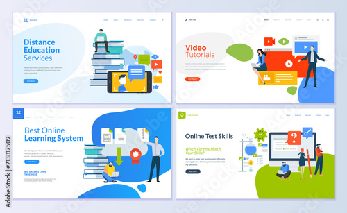 Set of web page design templates for distance education, video tutorials, e-learning, online test skills. Modern vector illustration concepts for website and mobile website development. 