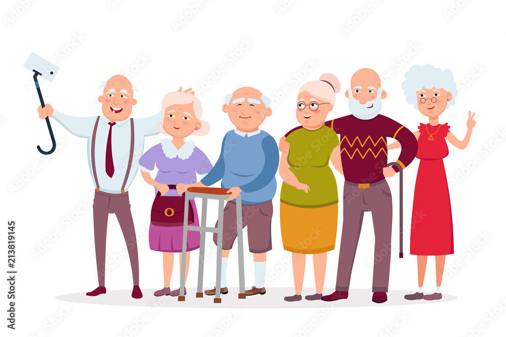 Set of cheerful senior people hipsters gathering and having fun, old men  and women make selfie vector cartoon characters. Funny Elderly vector  concept illustration in flat design isolated on white Stock Vector |