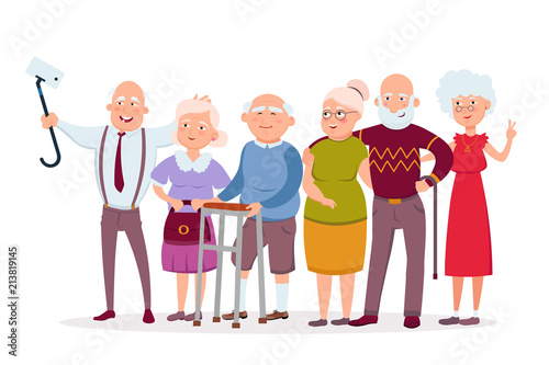 Set of cheerful senior people hipsters gathering and having fun, old men and women make selfie vector cartoon characters. Funny Elderly vector concept illustration in flat design isolated on white