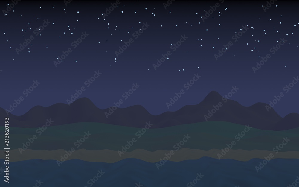 Starry moonless sky. Ocean shore line with waves on a beach. Island beach paradise with waves. Vacation, summer, relaxation. Seascape, seashore. Minimalist landscape, primitivism. 3D illustration