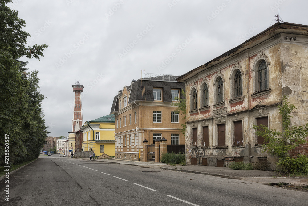 Old street leading to the fire tower in Rybinsk, Yaroslavl region, Russia
