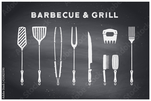 Barbecue, grill set. Poster bbq diagram and scheme - barbecue grill tools. Set of bbq stuff, tools for steak house, restaurant, kitchen poster. Black chalkboard, hand drawn, chalk. Vector illustration