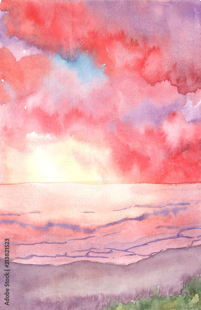 Fototapeta Ręcznie rysowane tła akwarela. Krajobraz pomarańczowy wschód słońca, zmierzch na morzu z światłem słonecznym przez chmury i odbicie na wodzie. Projekt strony tytułowej, banera, broszury, strony docelowej