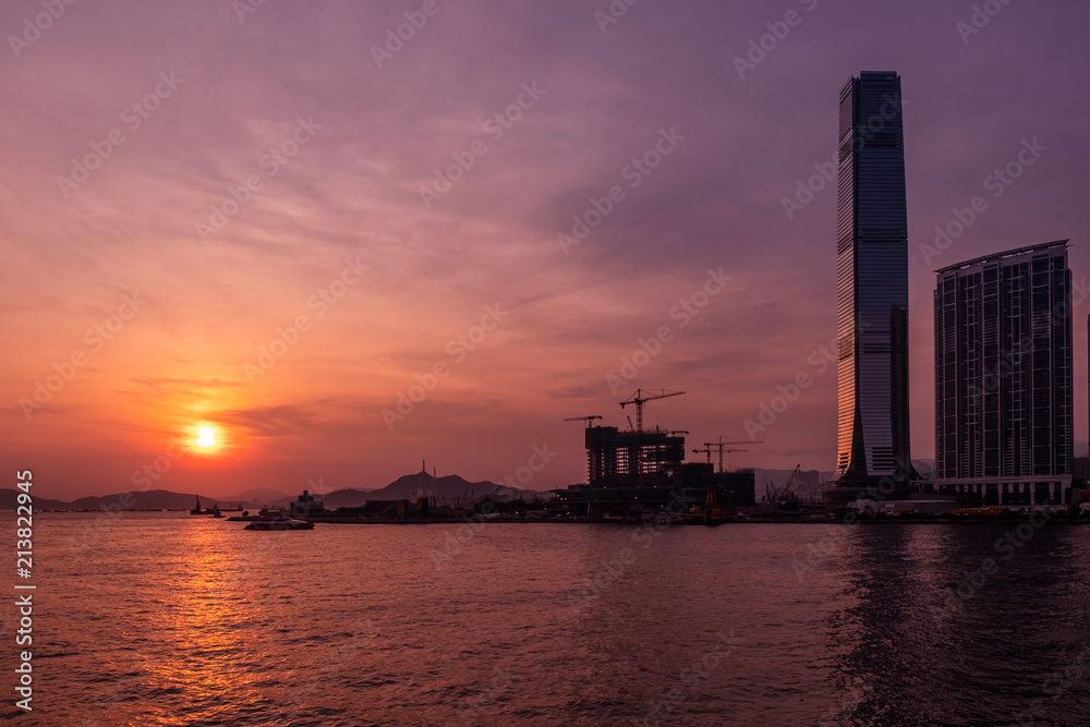 Sunset of Victoria Harbor of Hong Kong