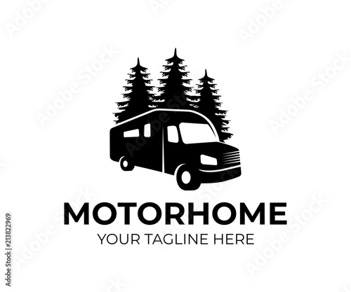 Motorhome or recreational vehicle (RV) camper car, logo template. Vacation travel or traveling, trip or adventure and caravan car, vector design. Transport, trees spruce and nature, illustration