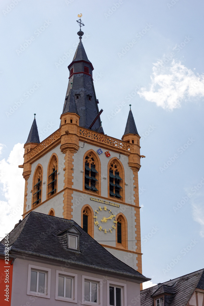 St. Gangolf's church. The beautiful main market of Trier, Germany. The market with houses of the Renaissance, Baroque, Classicism and Late Historicism.