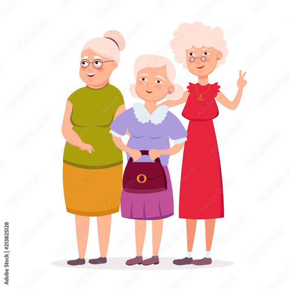 Three cute senior women friends standing together vector flat illustration. Aged ladies cartoon characters smiling and having walk isolated on white background. Three cute senior women friends standing together vector flat illustration. Aged ladies cartoon characters smiling and having walk isolated on white background.
