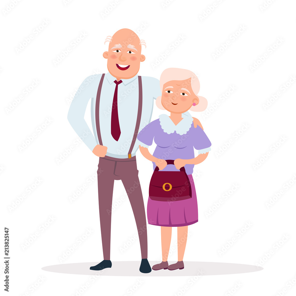 Couple of cute elderly standing together vector flat illustration. Aged  lady and old man cartoon characters smiling and having date isolated on  white background. Stock Vector | Adobe Stock
