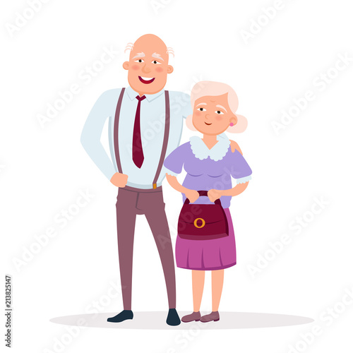Couple of cute elderly standing together vector flat illustration. Aged lady and old man cartoon characters smiling and having date isolated on white background.