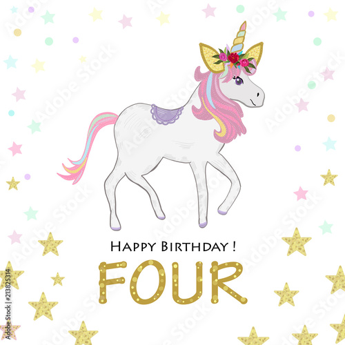 Four birthday greeting. Fourth. Magical Unicorn Birthday invitation. Party invitation greeting card