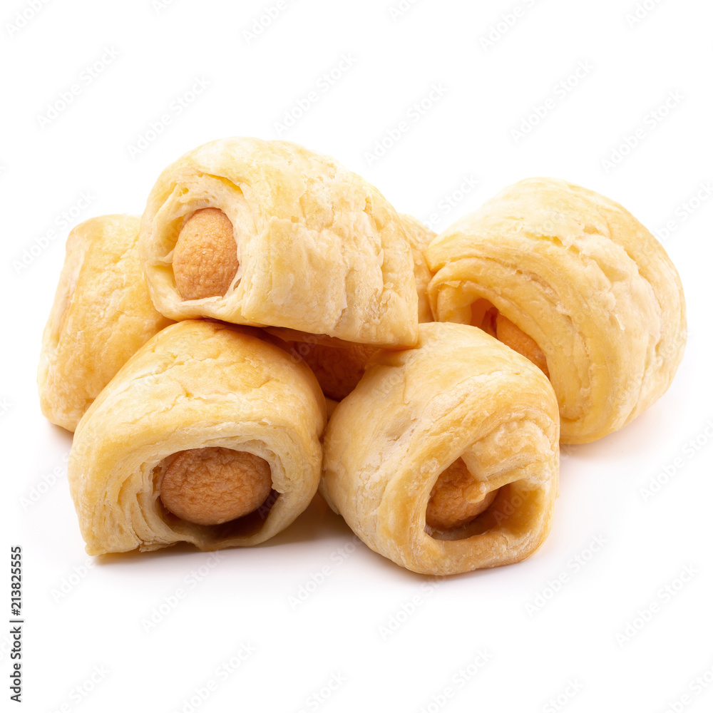 Tasty mini sausage in Fresh hot crusty bread rolls isolated on white