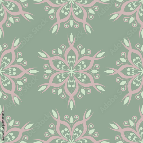 Olive green floral seamless pattern with pale pink elements. Background with flower designs