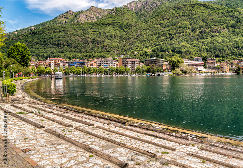 Naklejka premium View of historic center of Omegna village, located on the coast of Lake Orta in Piedmont, Italy