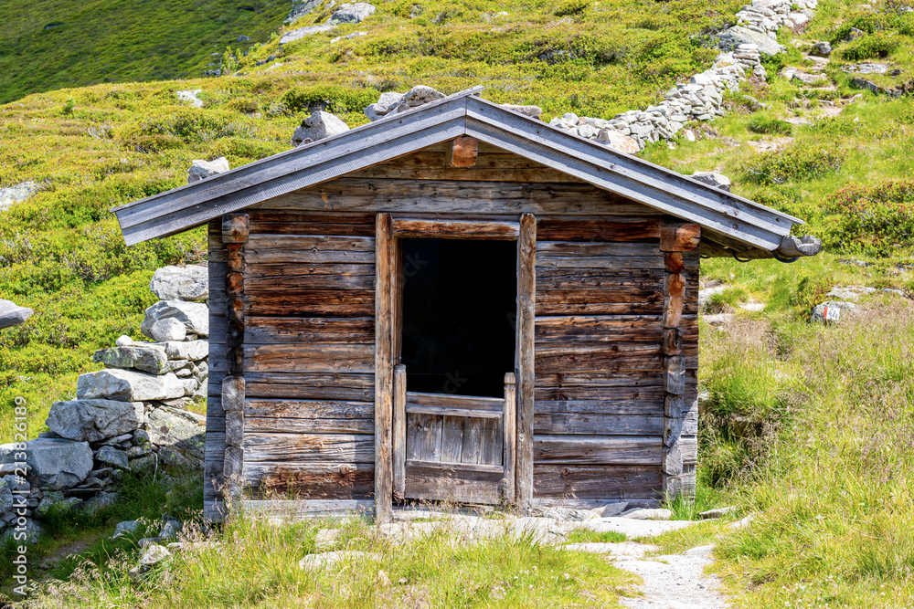 Old wooden hut and green meadow in the austrian alps Old wooden hut and green meadow in the austrian alps