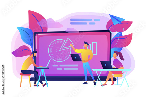 Students with laptops sitting around lector behind interactive board. Digital classroom, flipped class, blended learning and smart classroom. Modern education concept.Vector illustration on background