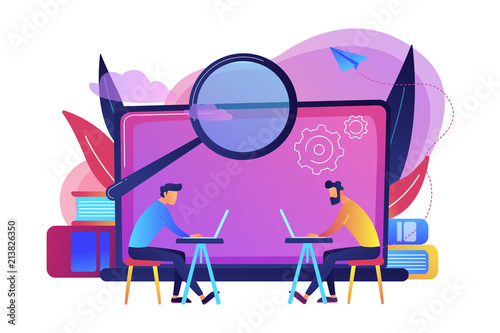 Students with laptops are searchig information in comruter class. Computer lab, academic laboratory, public library or Internet cafe. Modern education and student reserch concept. Vector illustration.