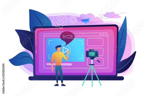 A man in front of camera recording a video to share it in internet. Vloger shares a bradcast in blog or video log. Video bloging, web television or embedded video concept. Violet palette. Vector. photo