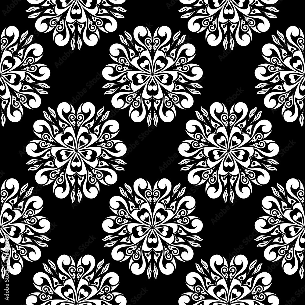 White flowers on black background. Ornamental seamless pattern White flowers on black background. Ornamental seamless pattern