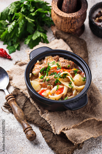 Traditional oriental uzbek soup lagman  photo