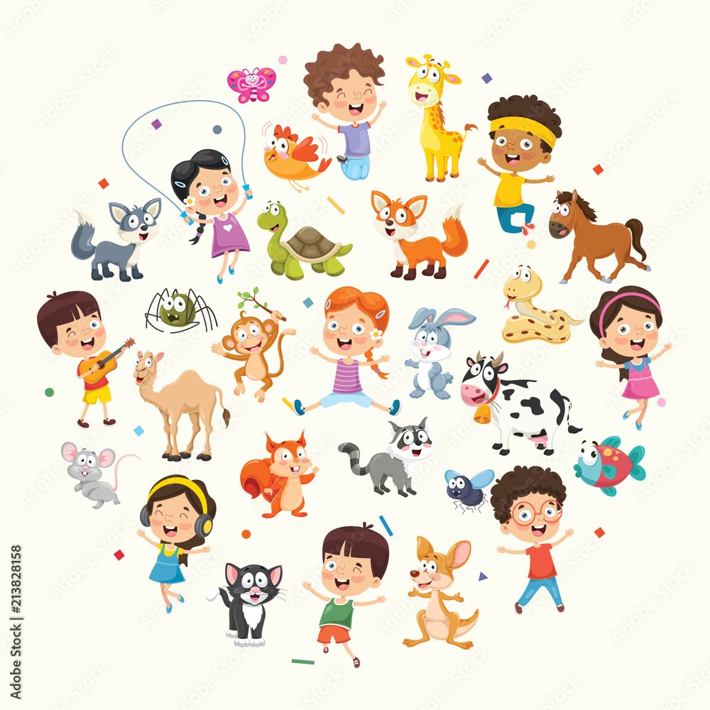 Vector Illustration Collection of Kids and Animals