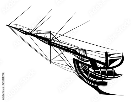 sail ship bowsprit rigging - side view black vector silhouette