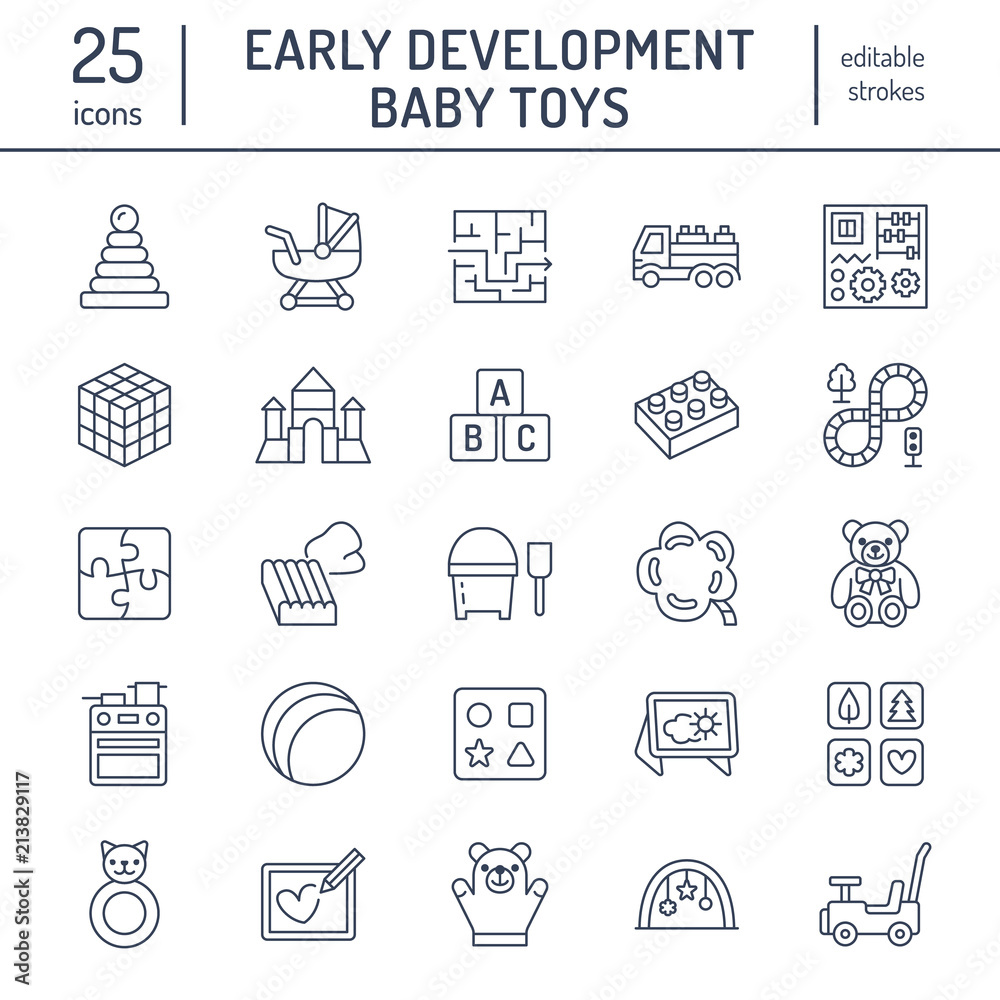 Early development baby toys flat line icons. Play mat, sorting block, busy board, carriage, toy car, kids railroad, maze, clay illustrations. Thin signs for montessori education. Editable Strokes. Early development baby toys flat line icons. Play mat, sorting block, busy board, carriage, toy car, kids railroad, maze, clay illustrations. Thin signs for montessori education. Editable Strokes.
