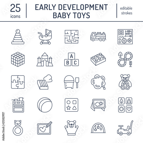 Early development baby toys flat line icons. Play mat, sorting block, busy board, carriage, toy car, kids railroad, maze, clay illustrations. Thin signs for montessori education. Editable Strokes.